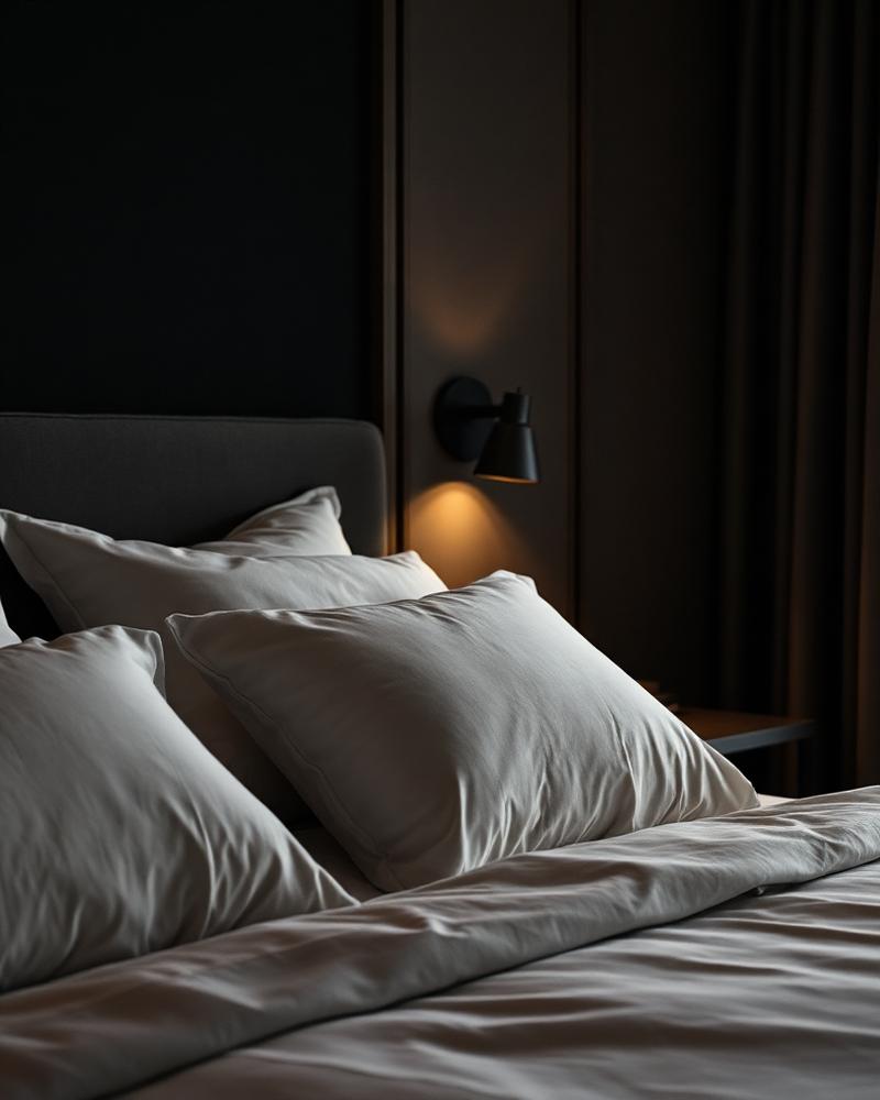 Dormitorio de hotel con lino de lujo e iluminación minimalista