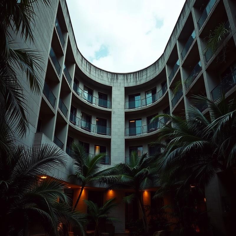 Arquitectura brutalista de hotel con hormigón y plantas tropicales