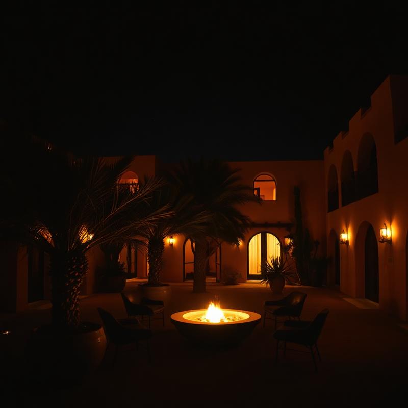 Patio de hotel en el desierto de noche con fuego y palmeras