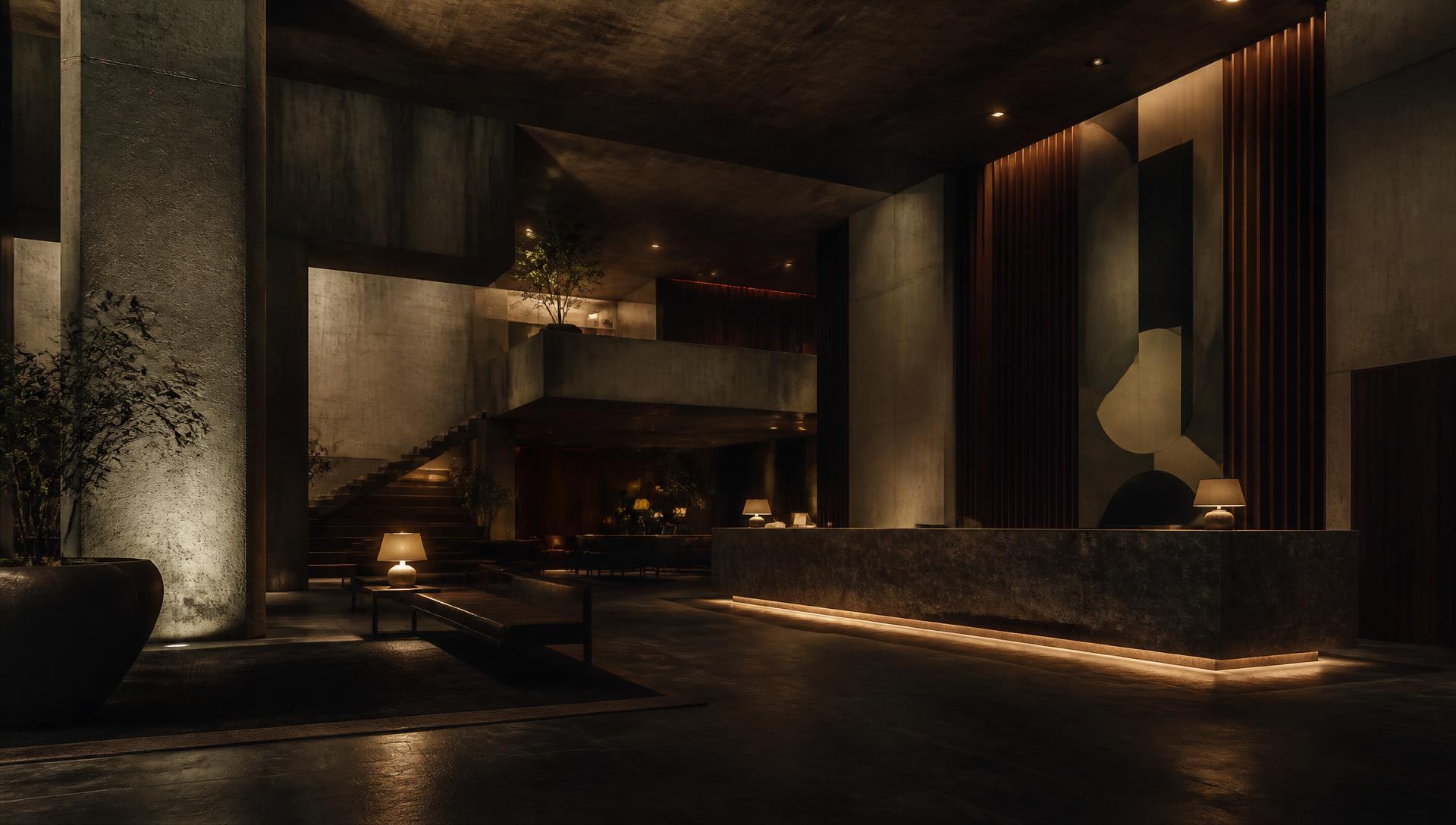 Lobby de un hotel boutique con iluminación cálida y sombras suaves