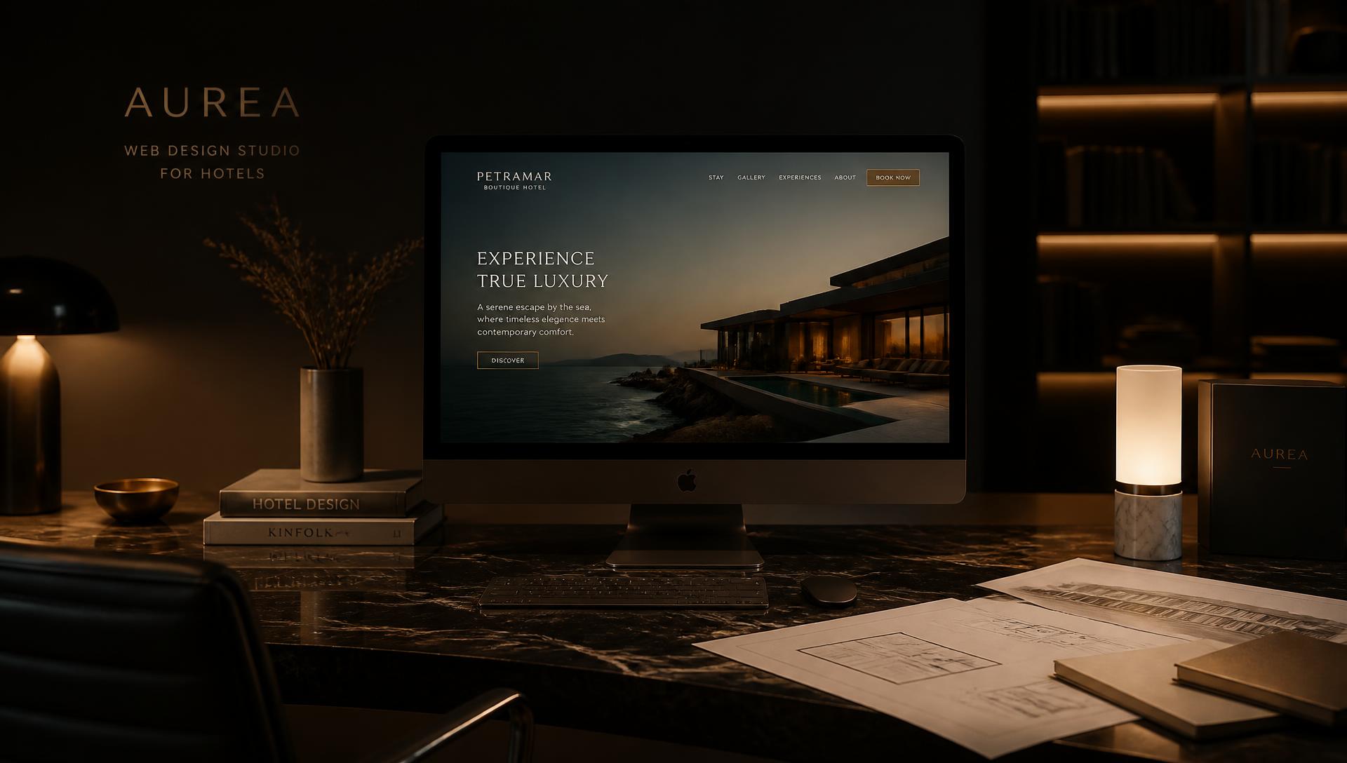 Estudio de diseño web de lujo para hoteles con pantalla mostrando un sitio boutique